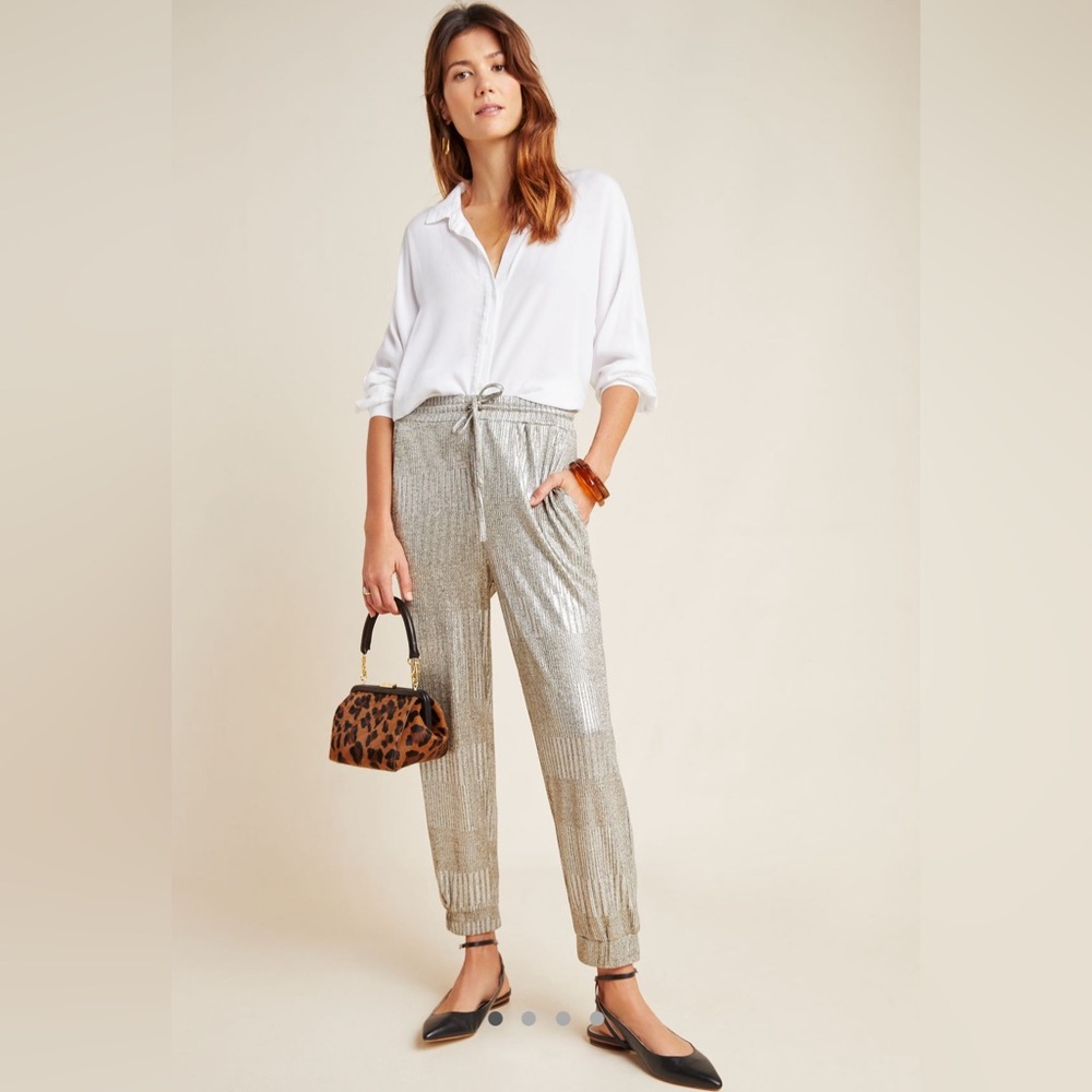 Anthropologie Shiny Metallic Silver Joggers